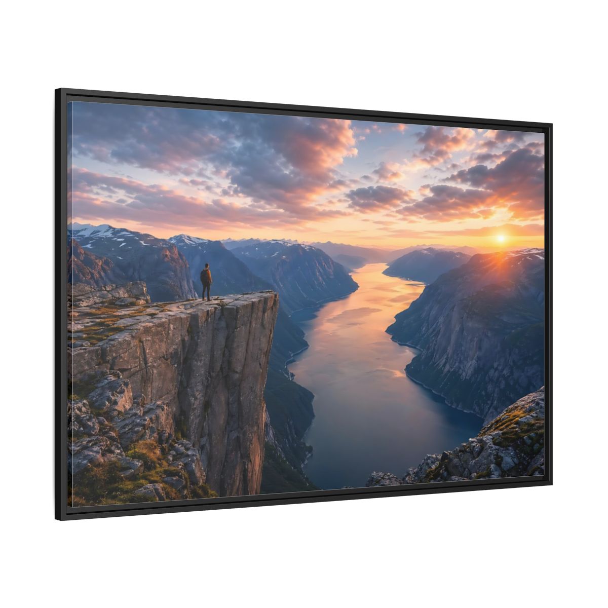 Side Mockup 12. Nature Fjord Landscape Orange And Blue Fjord shown as stretched canvas wall art