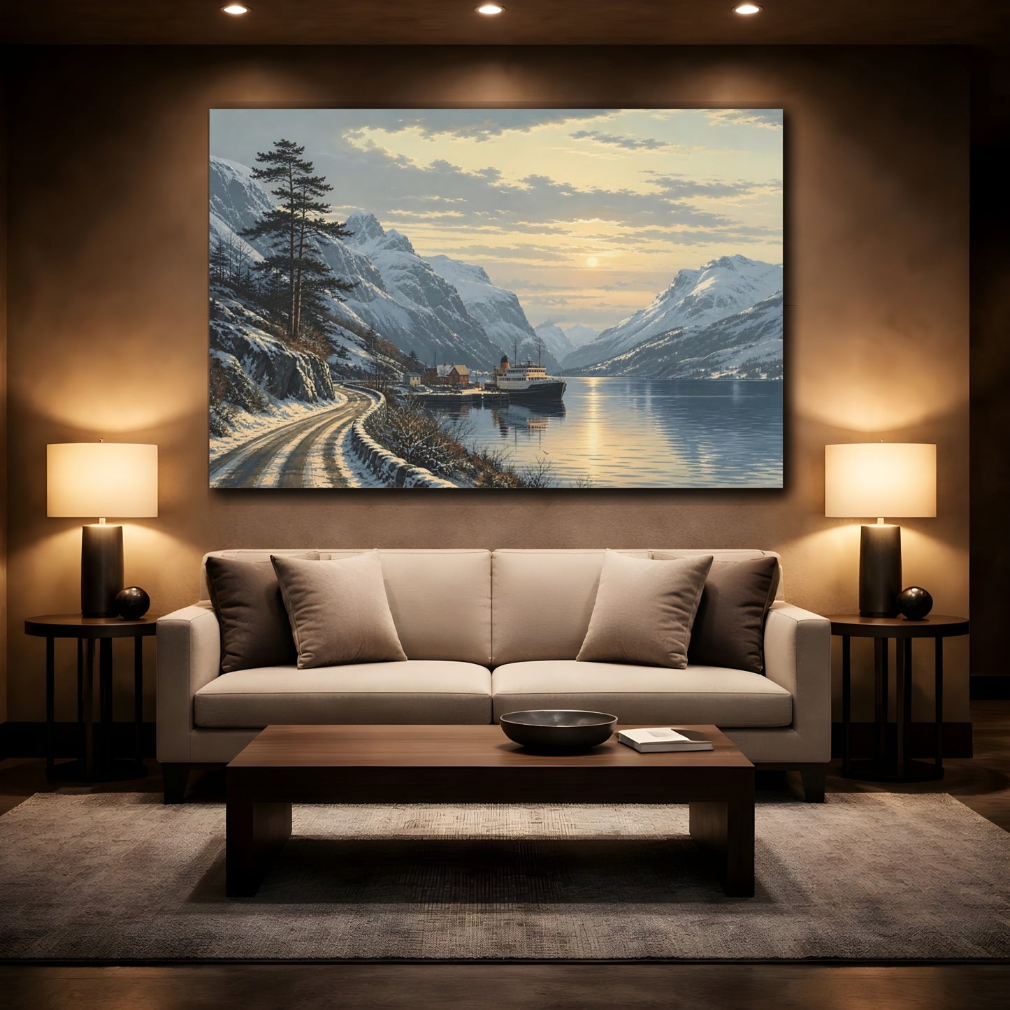 Mockup 2. Nature Fjord Ship Winter Fjord Sunset shown as stretched canvas wall art