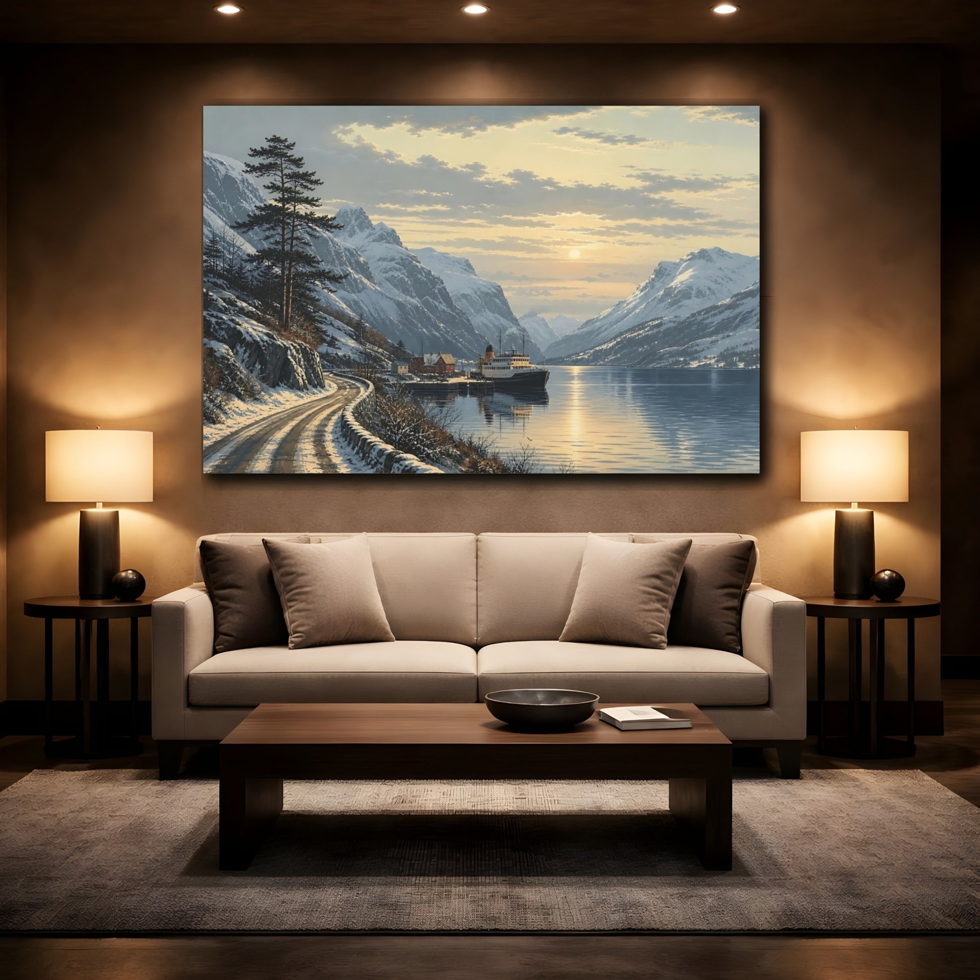 Mockup 2. Nature Fjord Ship Winter Fjord Sunset shown as stretched canvas wall art