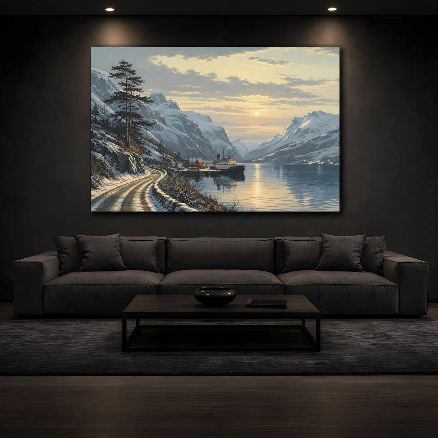 Mockup 3. Nature Fjord Ship Winter Fjord Sunset shown as stretched canvas wall art