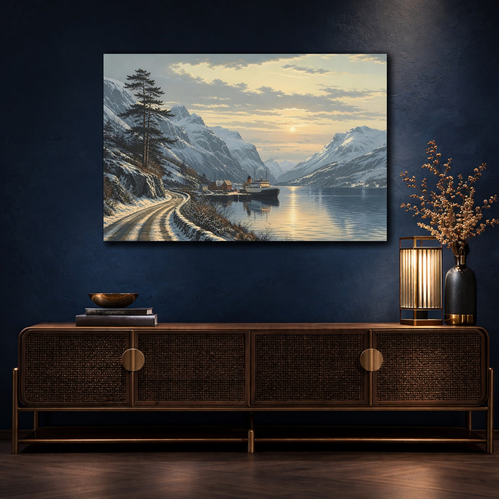 Mockup 4. Nature Fjord Ship Winter Fjord Sunset shown as stretched canvas wall art