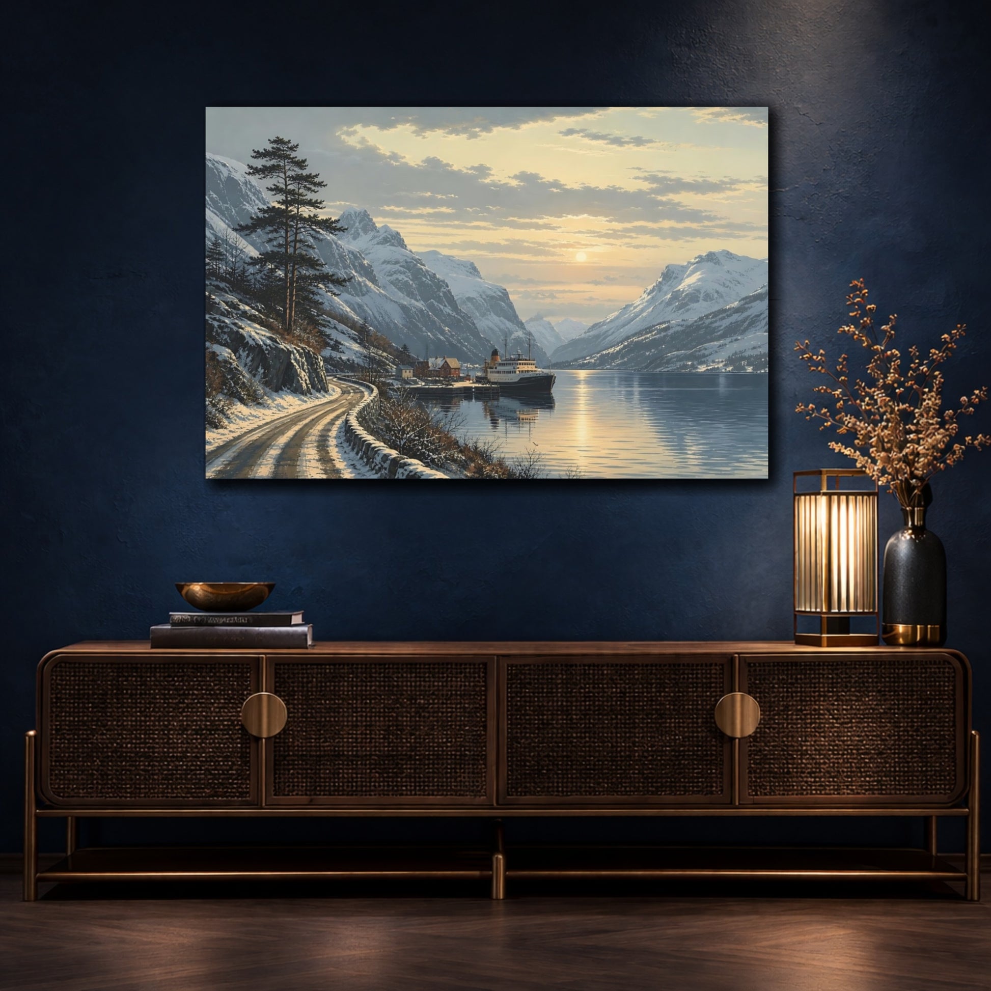 Mockup 4. Nature Fjord Ship Winter Fjord Sunset shown as stretched canvas wall art