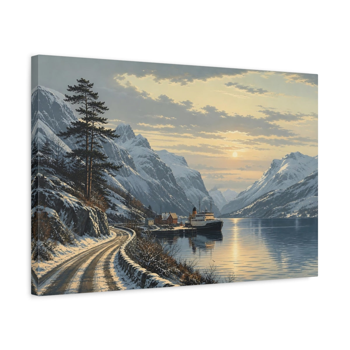 Side Mockup 3. Nature Fjord Ship Winter Fjord Sunset shown as stretched canvas wall art