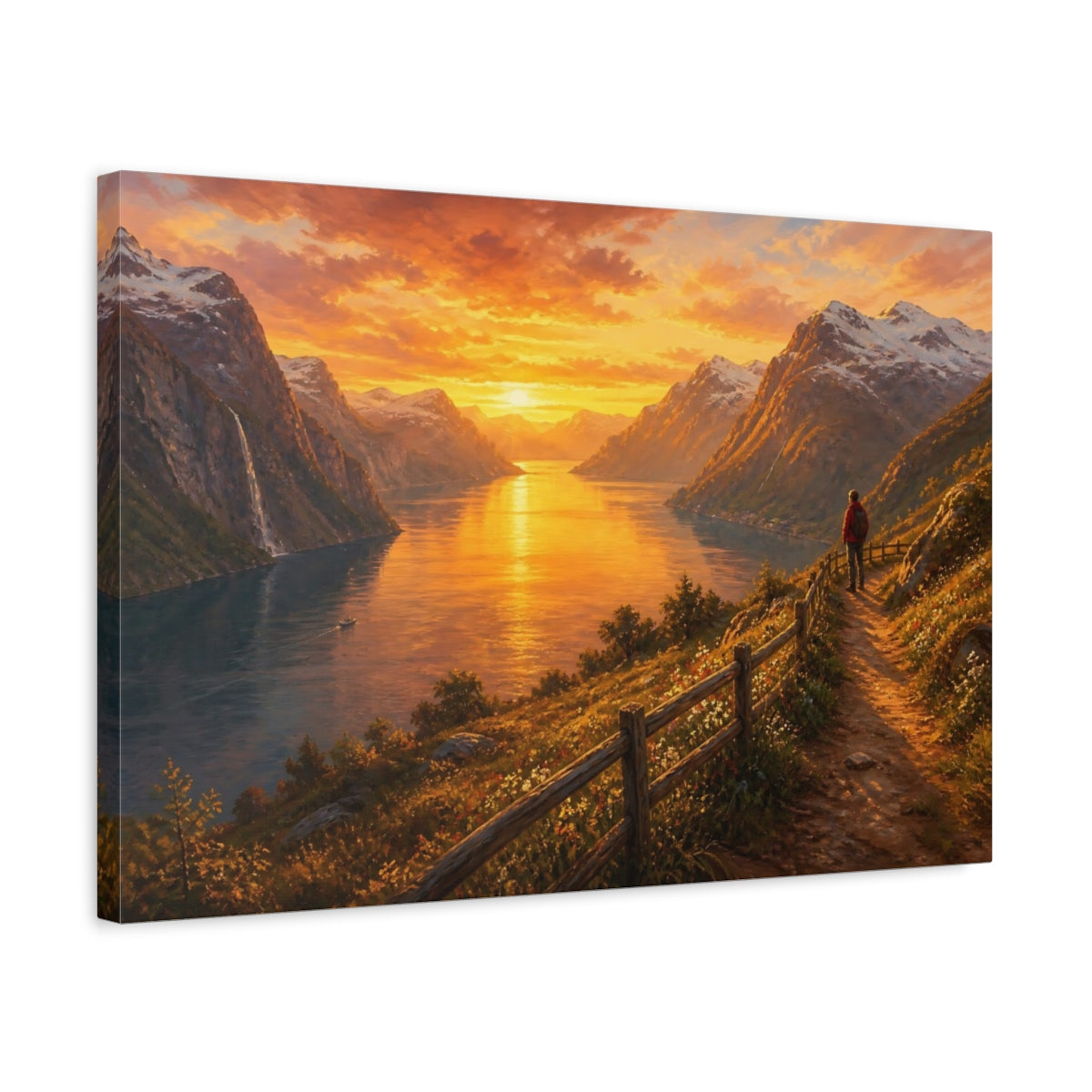 Side Mockup 3. Nature Fjord Sunset Golden Sunset shown as stretched canvas wall art