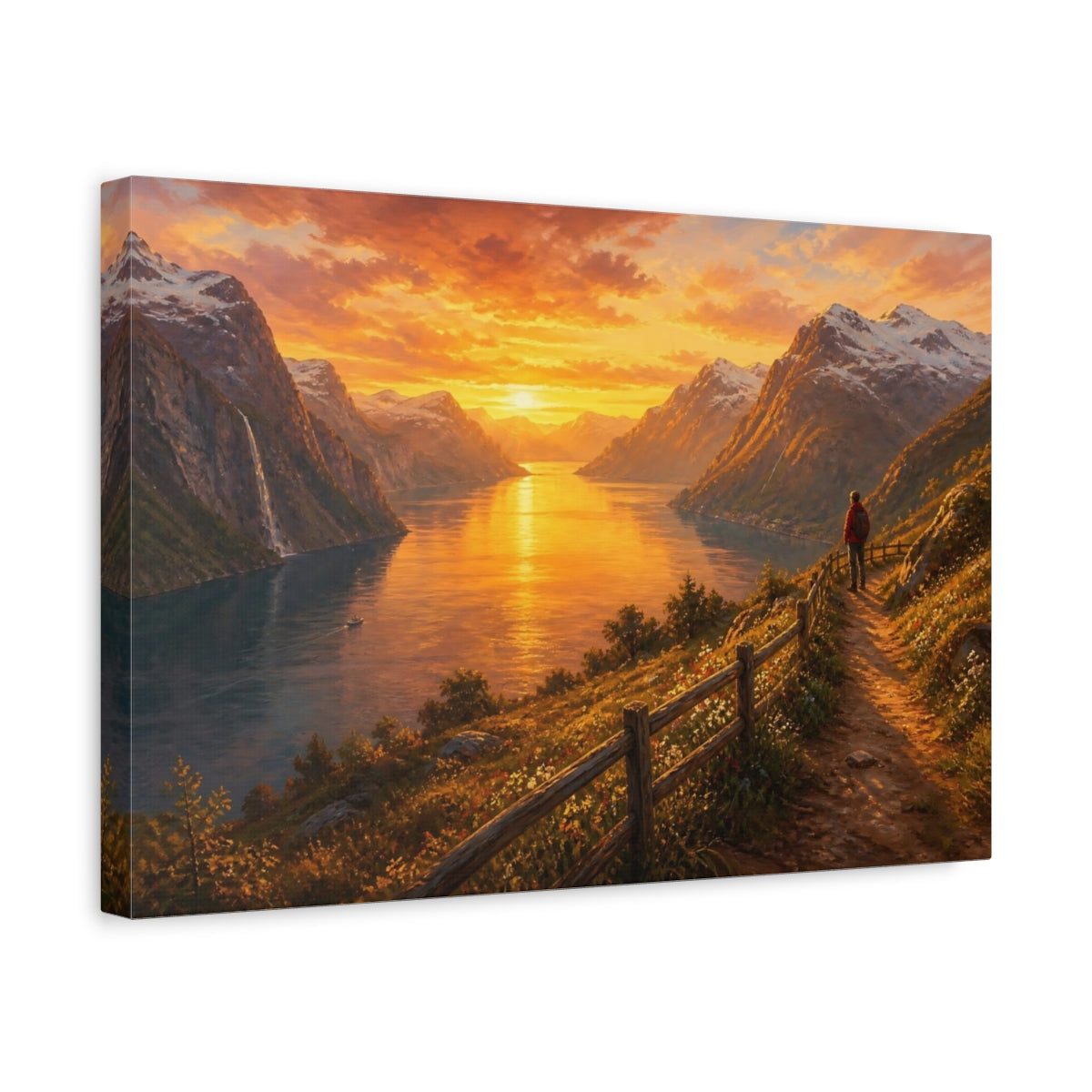 Side Mockup 4. Nature Fjord Sunset Golden Sunset shown as stretched canvas wall art