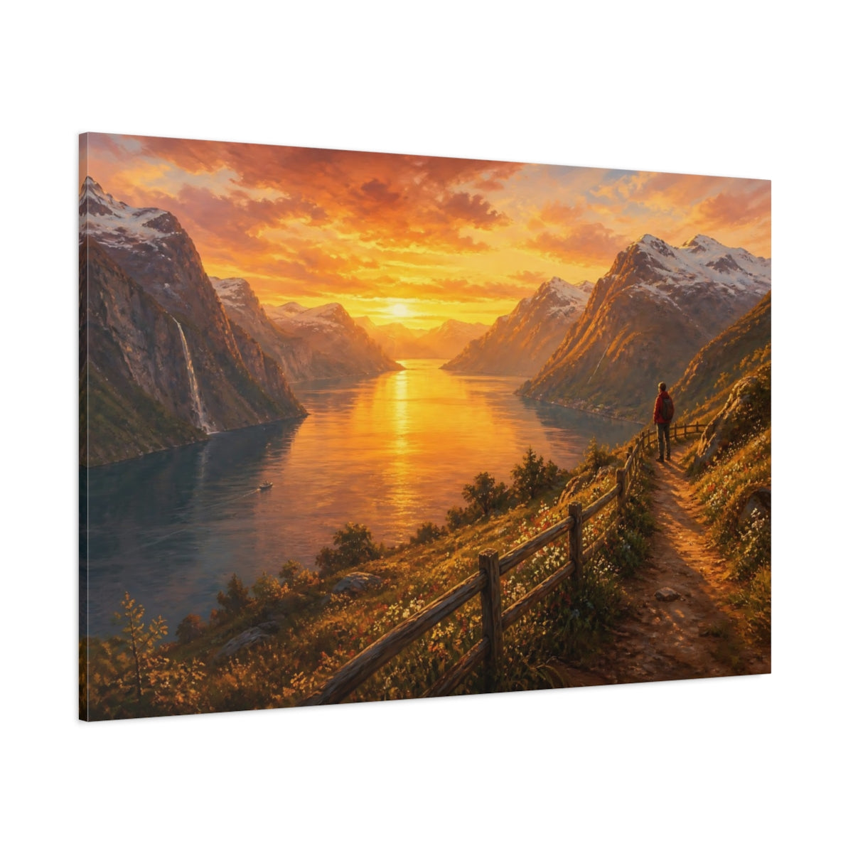 Side Mockup 1. Nature Fjord Sunset Golden Sunset shown as stretched canvas wall art
