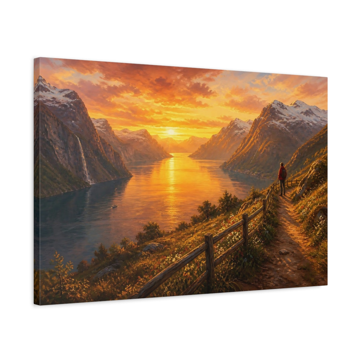 Side Mockup 2. Nature Fjord Sunset Golden Sunset shown as stretched canvas wall art