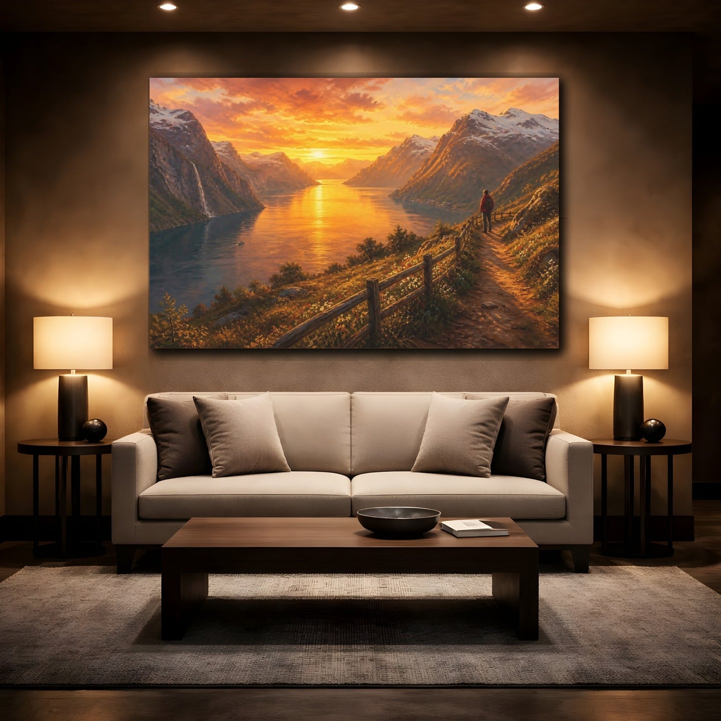 Mockup 2. Nature Fjord Sunset Golden Sunset shown as stretched canvas wall art