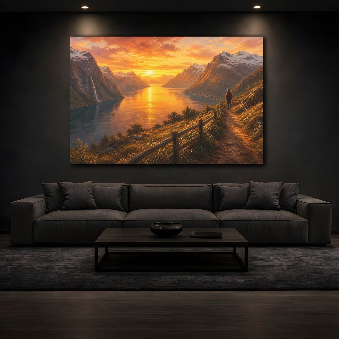 Mockup 3. Nature Fjord Sunset Golden Sunset shown as stretched canvas wall art