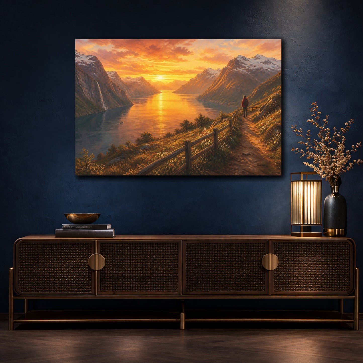 Mockup 4. Nature Fjord Sunset Golden Sunset shown as stretched canvas wall art