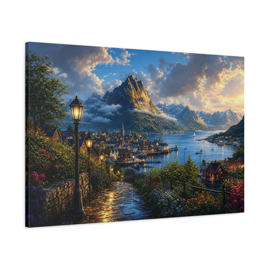Main Mockup. Nature Fjord Town Evening Fjord Landscape shown as stretched canvas wall art