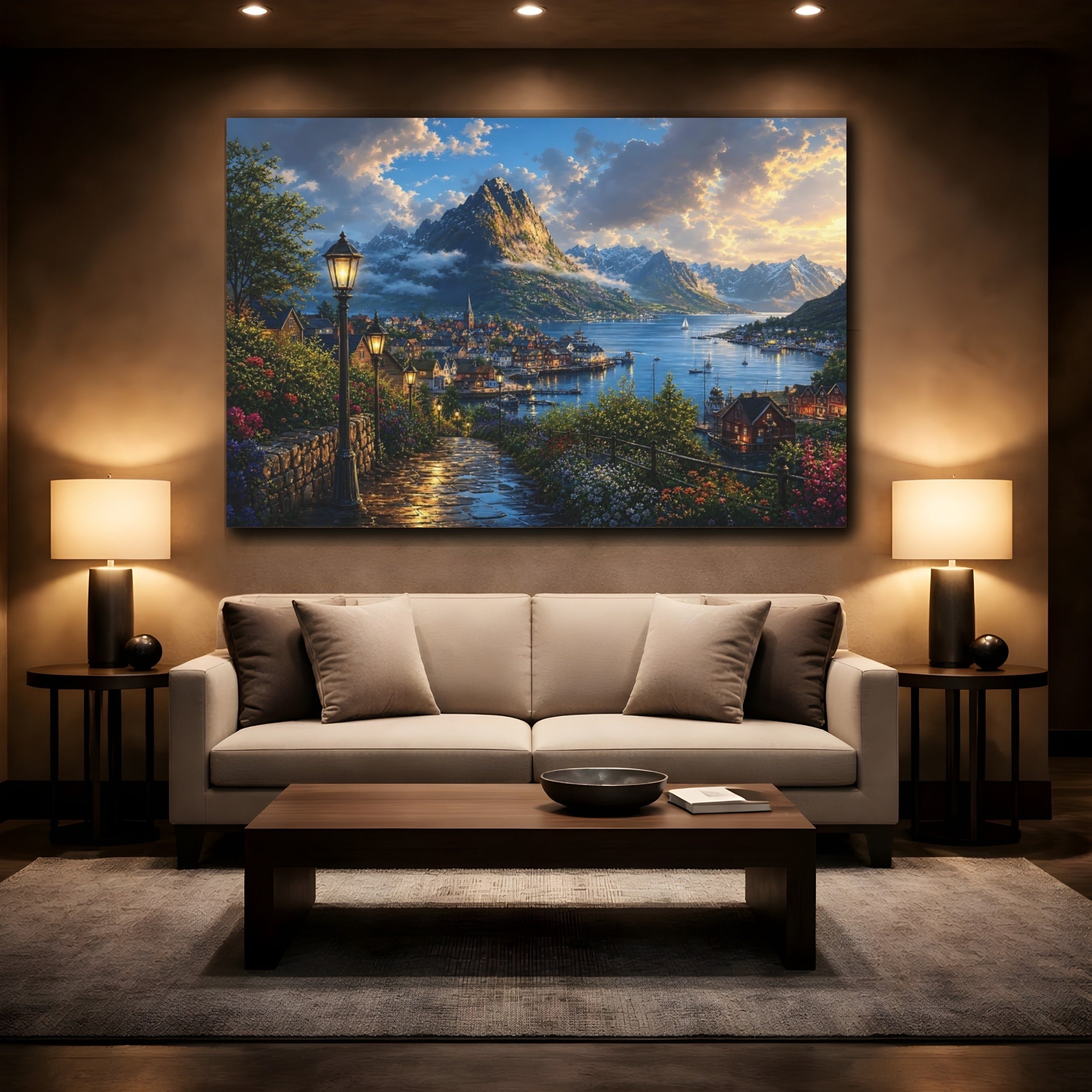 Mockup 2. Nature Fjord Town Evening Fjord Landscape shown as stretched canvas wall art