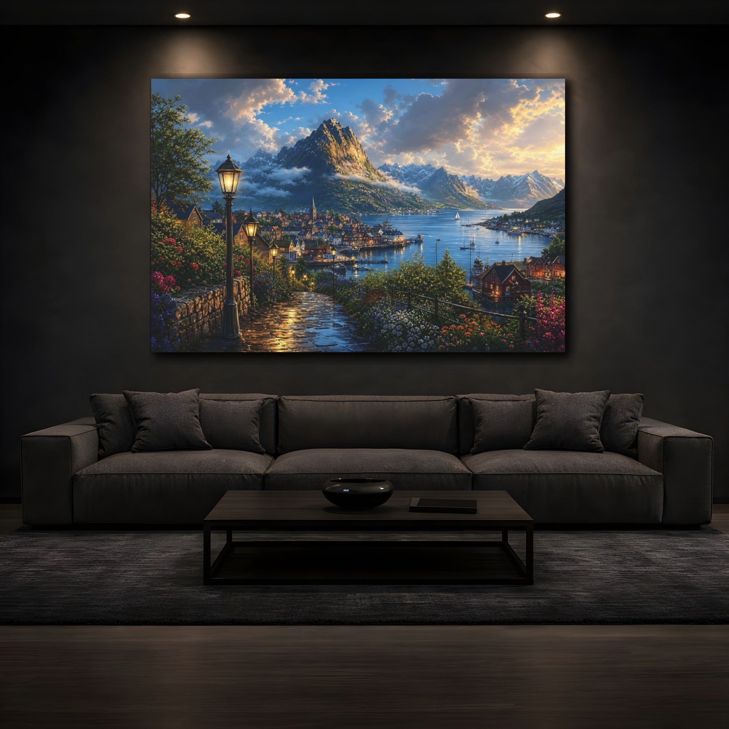 Mockup 3. Nature Fjord Town Evening Fjord Landscape shown as stretched canvas wall art