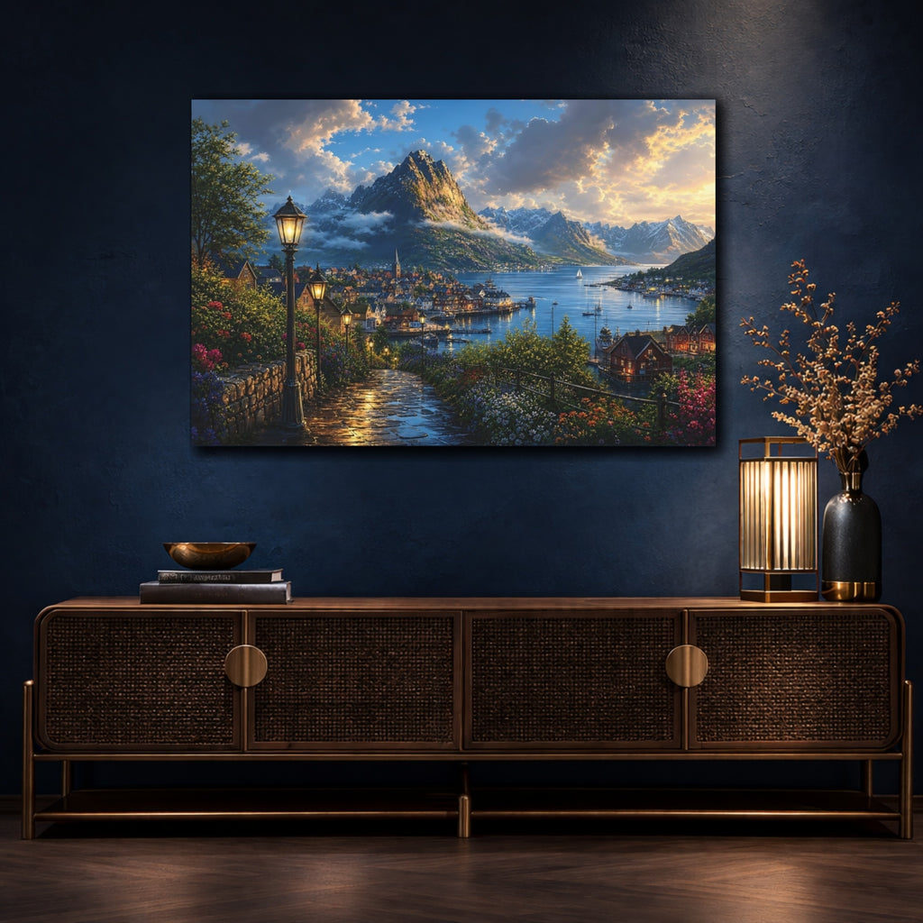 Mockup 4. Nature Fjord Town Evening Fjord Landscape shown as stretched canvas wall art