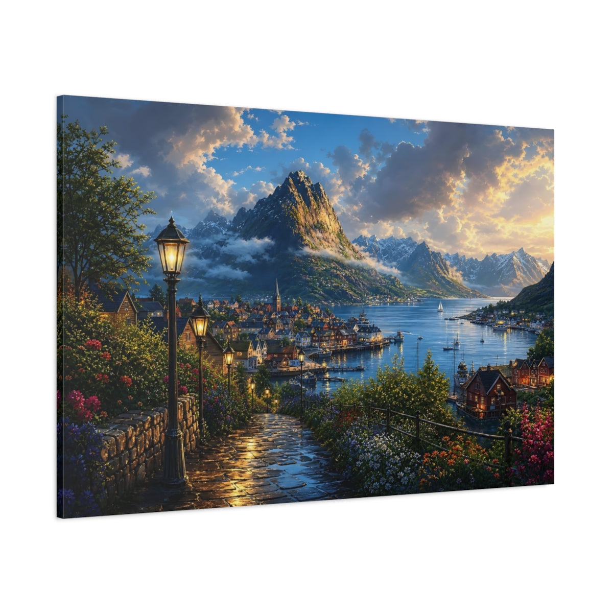 Side Mockup 1. Nature Fjord Town Evening Fjord Landscape shown as stretched canvas wall art
