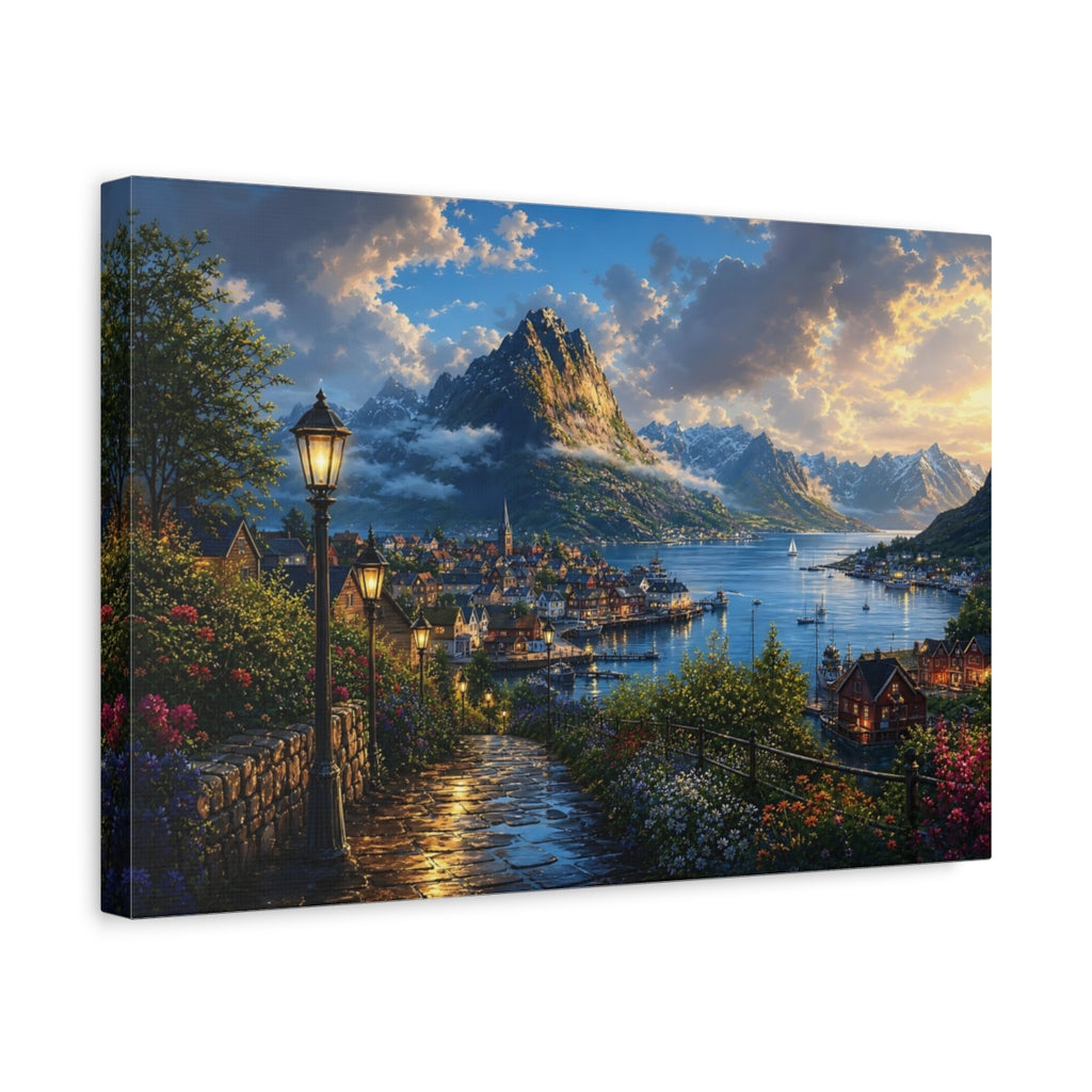 Side Mockup 4. Nature Fjord Town Evening Fjord Landscape shown as stretched canvas wall art