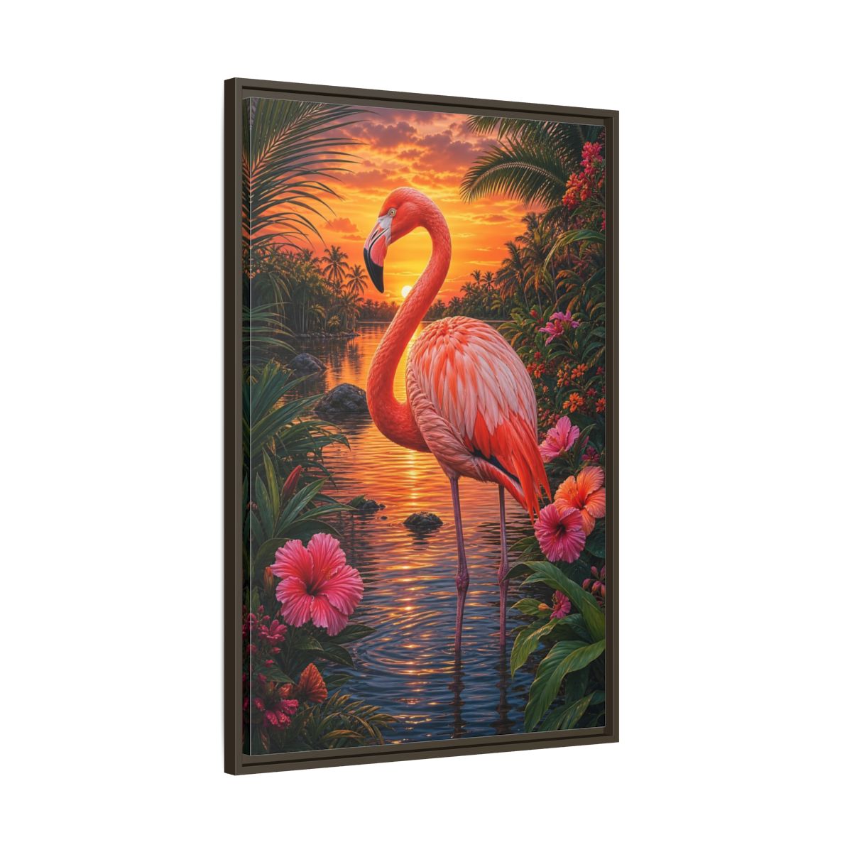 Main Mockup. Nature Flamingo Pink Flamingo Sunset shown as stretched canvas wall art