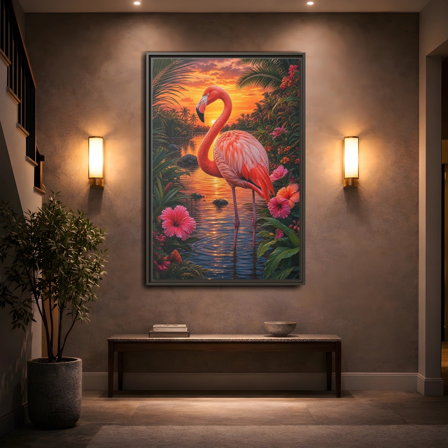 Mockup 2. Nature Flamingo Pink Flamingo Sunset shown as stretched canvas wall art