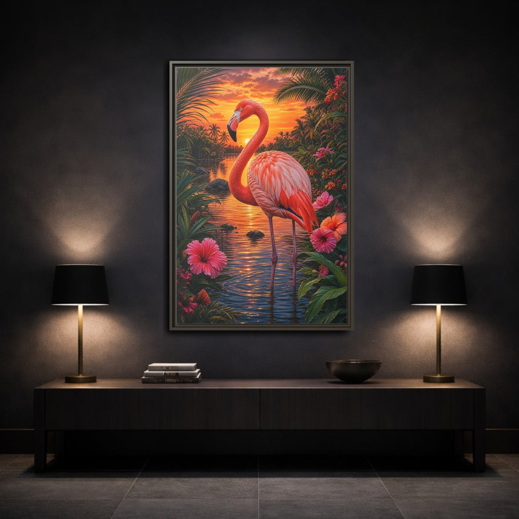 Mockup 3. Nature Flamingo Pink Flamingo Sunset shown as stretched canvas wall art