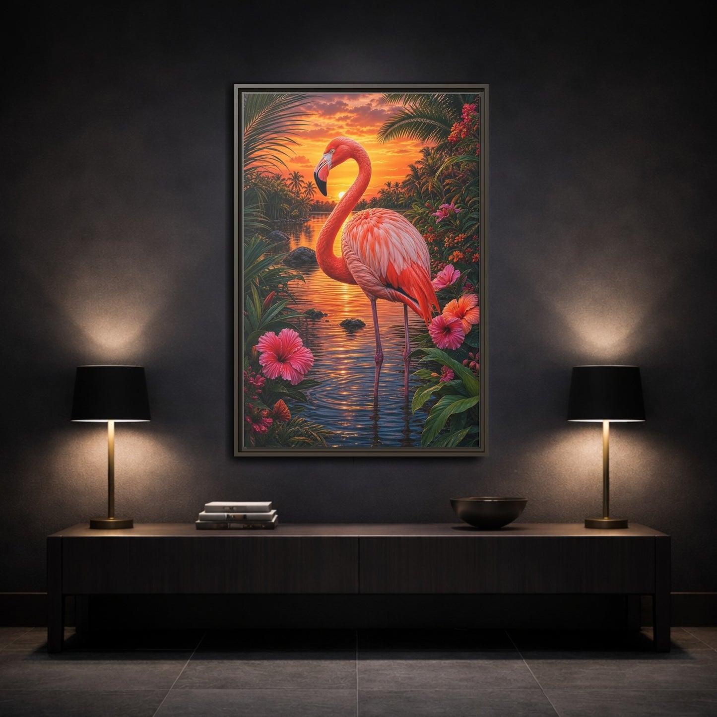 Mockup 3. Nature Flamingo Pink Flamingo Sunset shown as stretched canvas wall art