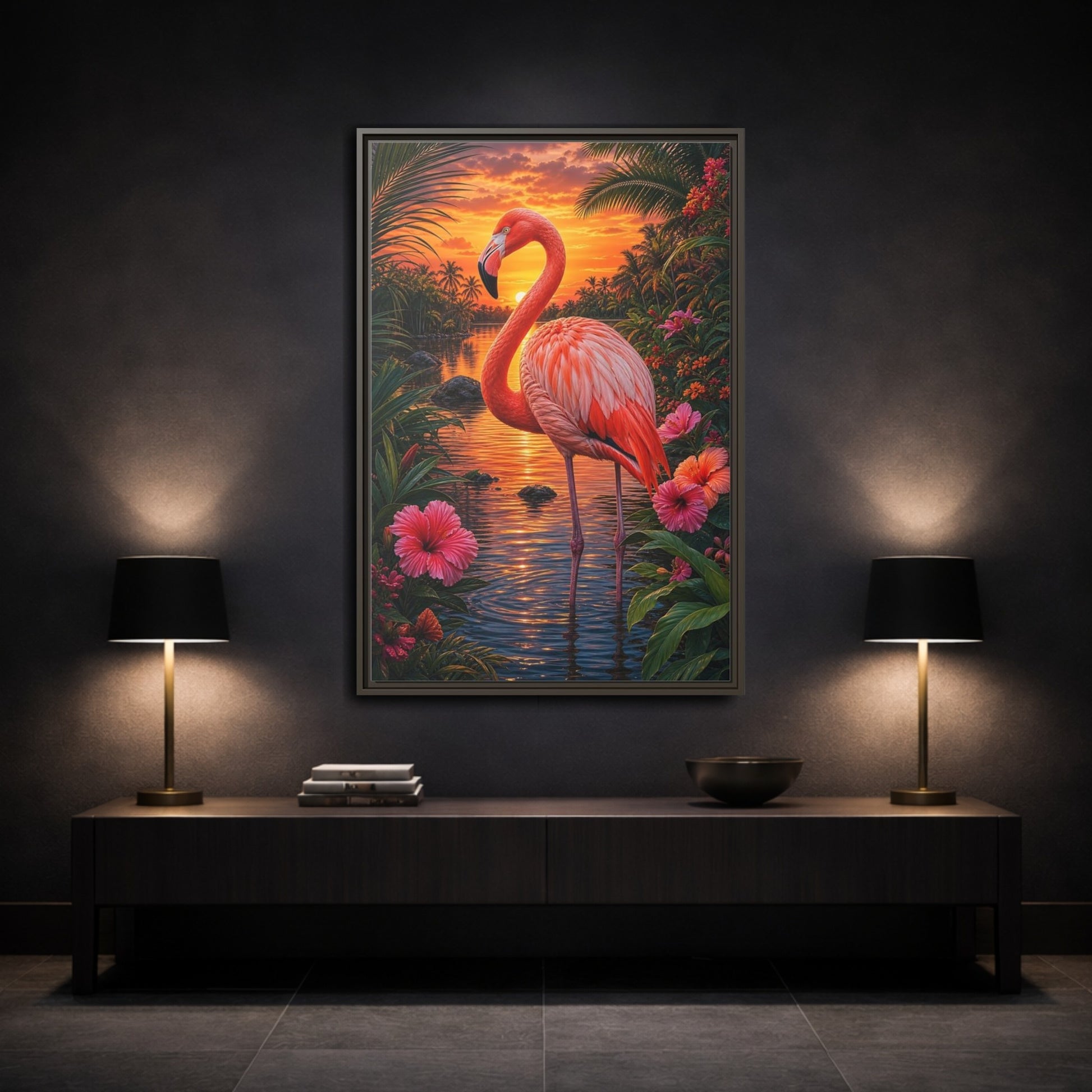 Mockup 3. Nature Flamingo Pink Flamingo Sunset shown as stretched canvas wall art