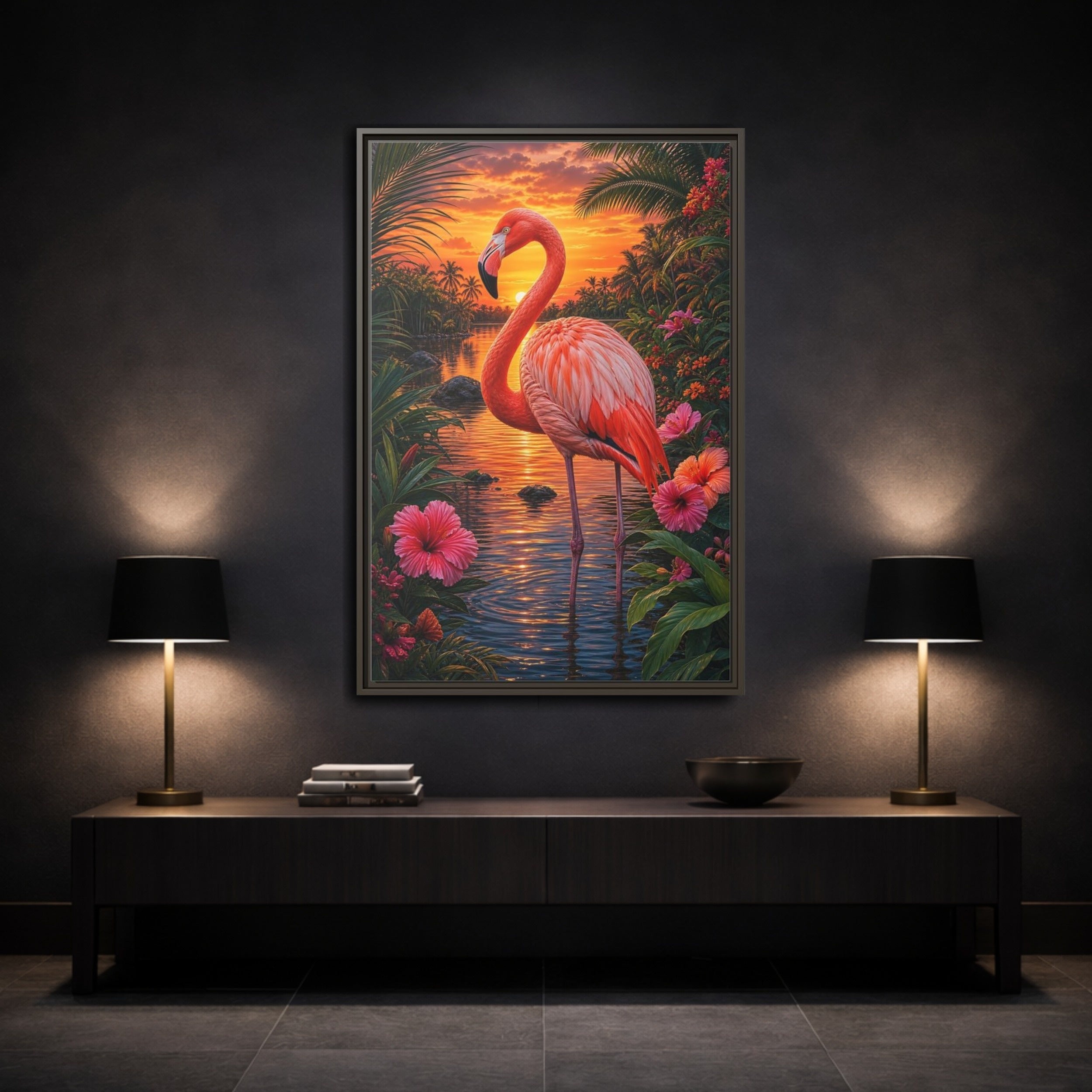Mockup 3. Nature Flamingo Pink Flamingo Sunset shown as stretched canvas wall art