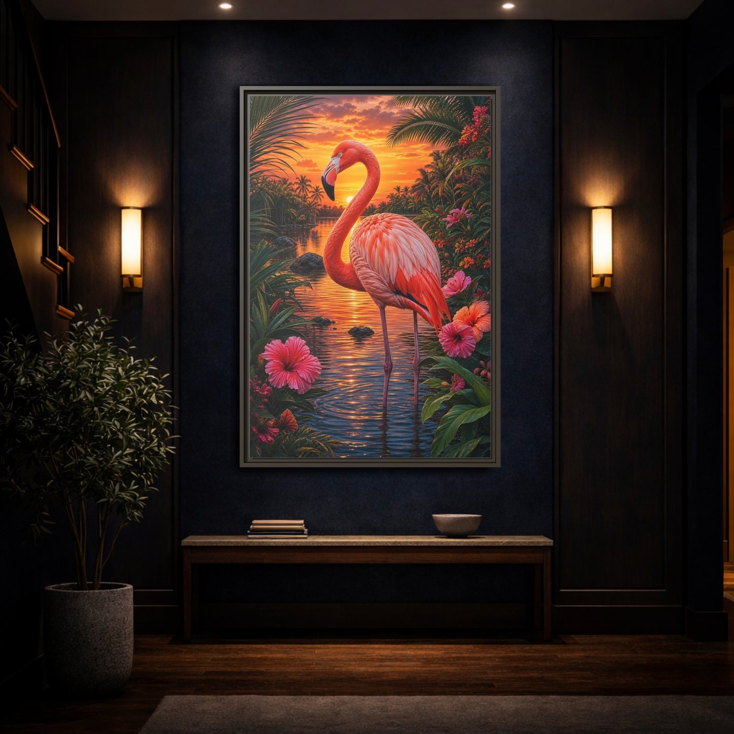 Mockup 4. Nature Flamingo Pink Flamingo Sunset shown as stretched canvas wall art