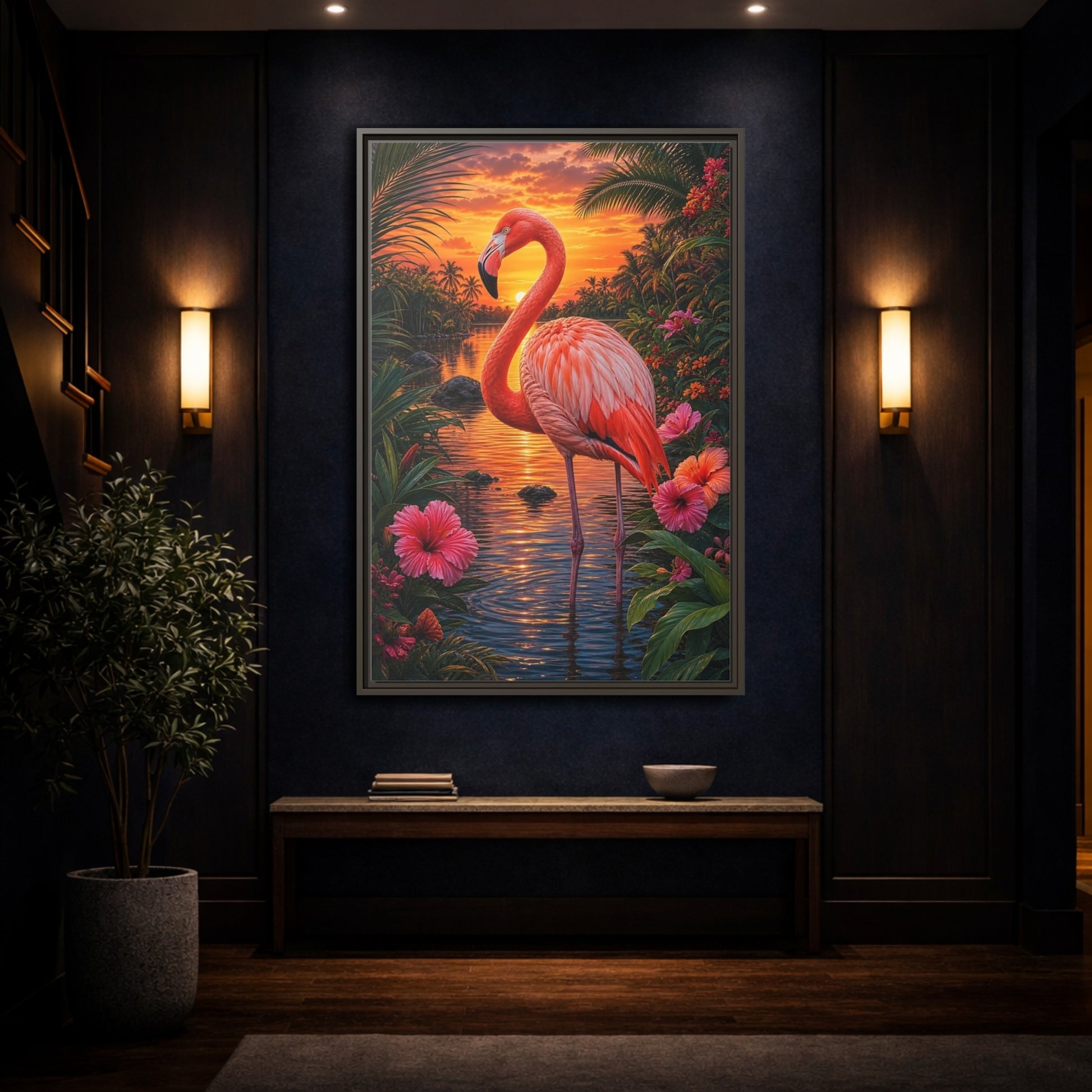 Mockup 4. Nature Flamingo Pink Flamingo Sunset shown as stretched canvas wall art