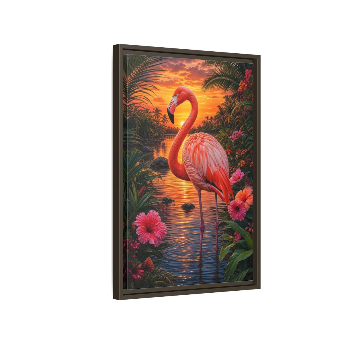 Side Mockup 2. Nature Flamingo Pink Flamingo Sunset shown as stretched canvas wall art