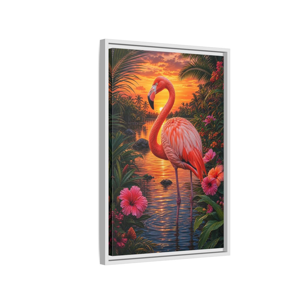 Side Mockup 1. Nature Flamingo Pink Flamingo Sunset shown as stretched canvas wall art