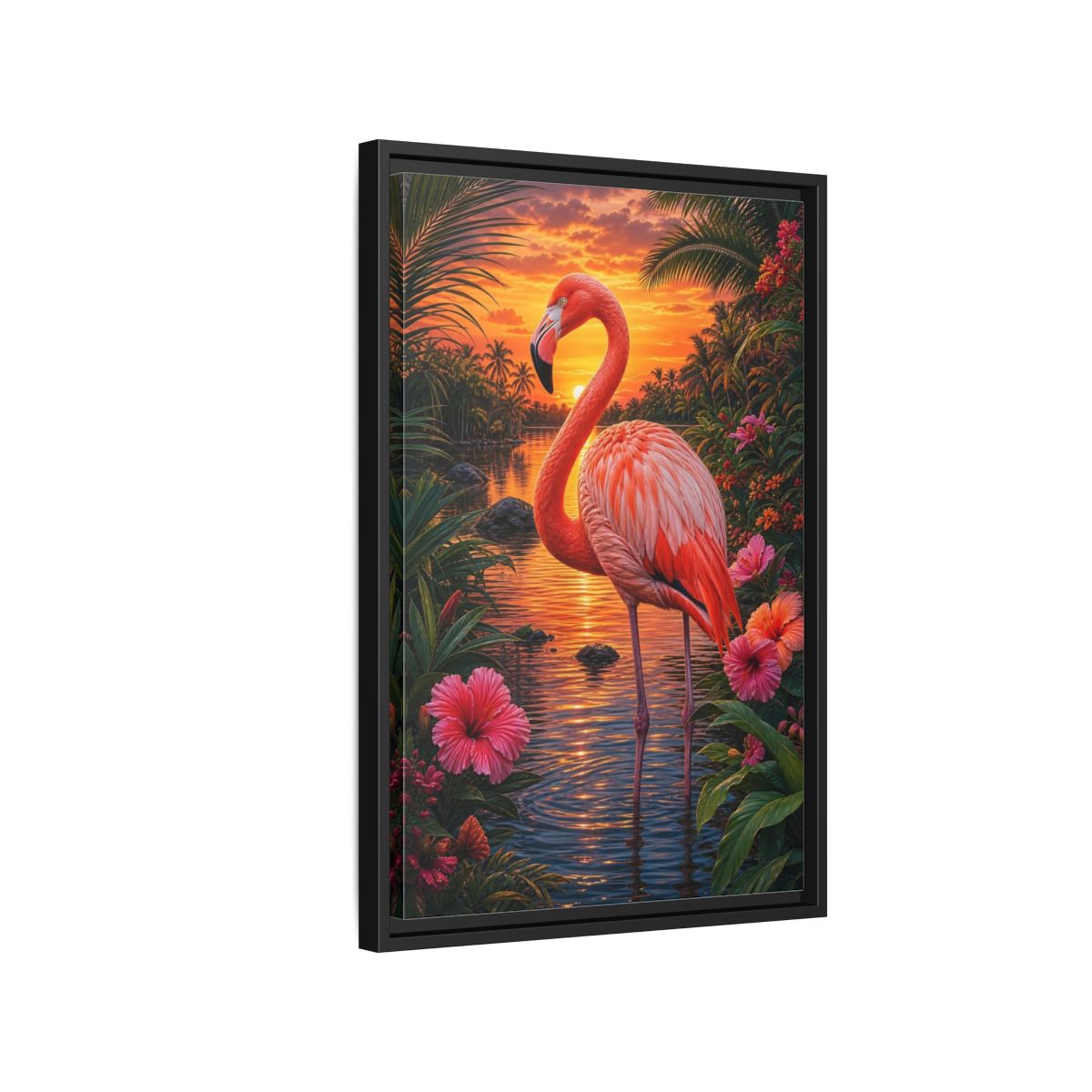 Side Mockup 3. Nature Flamingo Pink Flamingo Sunset shown as stretched canvas wall art