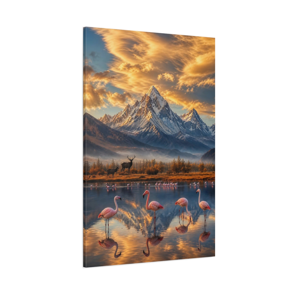 Side Mockup 1. Nature Flamingos, Mountains Mountain Lake Flamingos shown as stretched canvas wall art