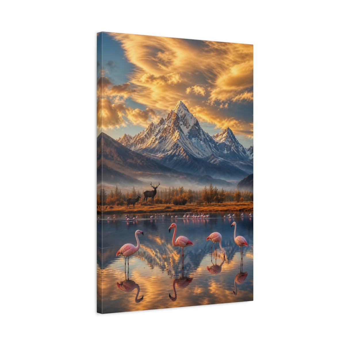 Side Mockup 2. Nature Flamingos, Mountains Mountain Lake Flamingos shown as stretched canvas wall art