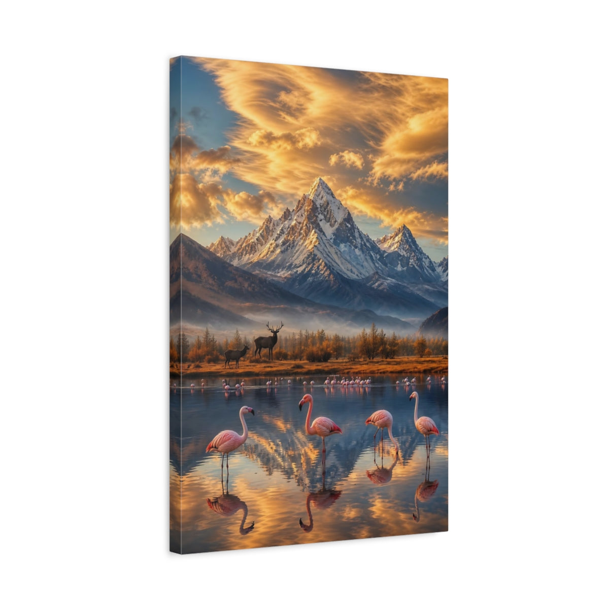 Side Mockup 3. Nature Flamingos, Mountains Mountain Lake Flamingos shown as stretched canvas wall art