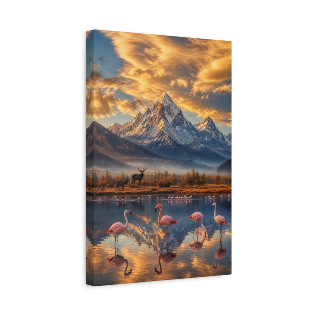Side Mockup 4. Nature Flamingos, Mountains Mountain Lake Flamingos shown as stretched canvas wall art