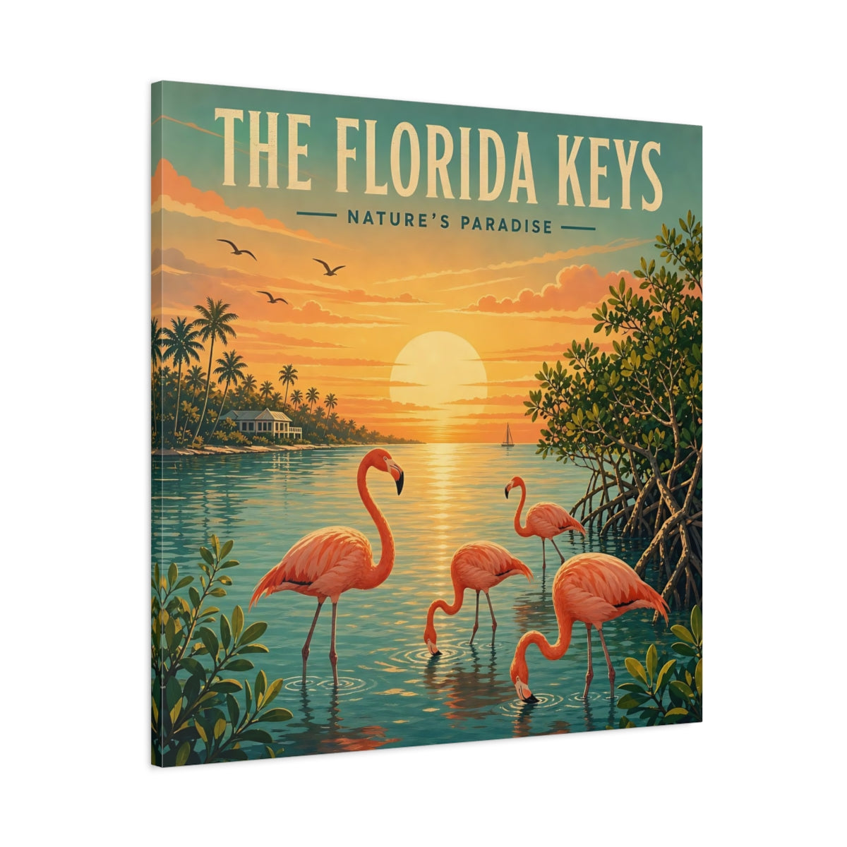 Main Mockup. Nature Flamingos Orange And Teal shown as stretched canvas wall art