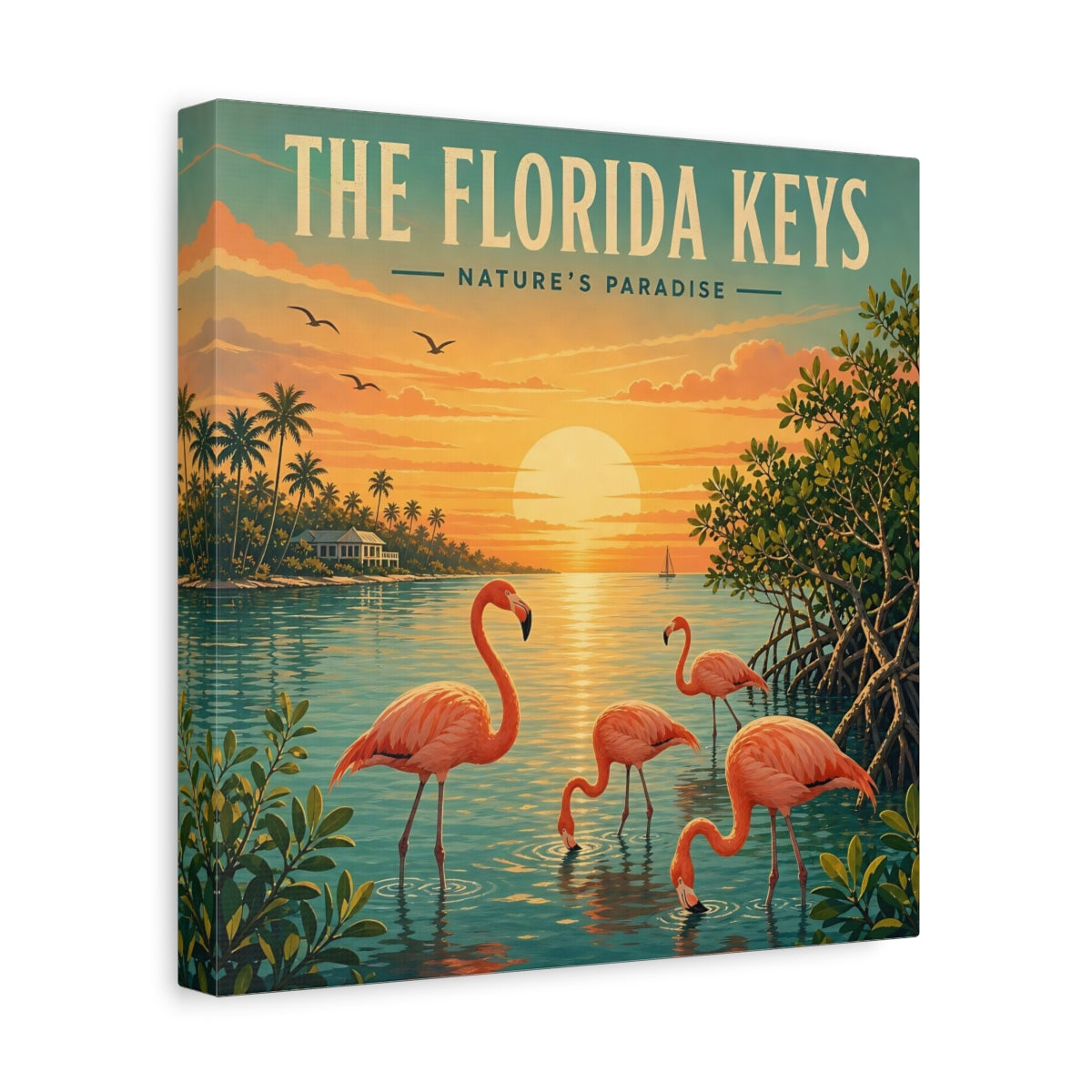 Side Mockup 8. Nature Flamingos Orange And Teal shown as stretched canvas wall art