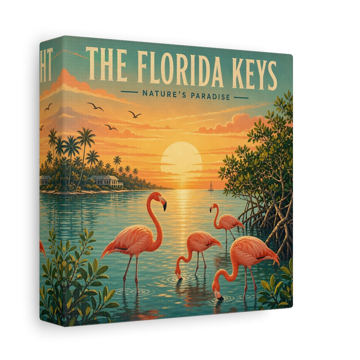 Side Mockup 2. Nature Flamingos Orange And Teal shown as stretched canvas wall art