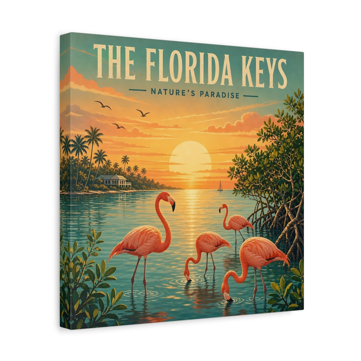 Side Mockup 7. Nature Flamingos Orange And Teal shown as stretched canvas wall art