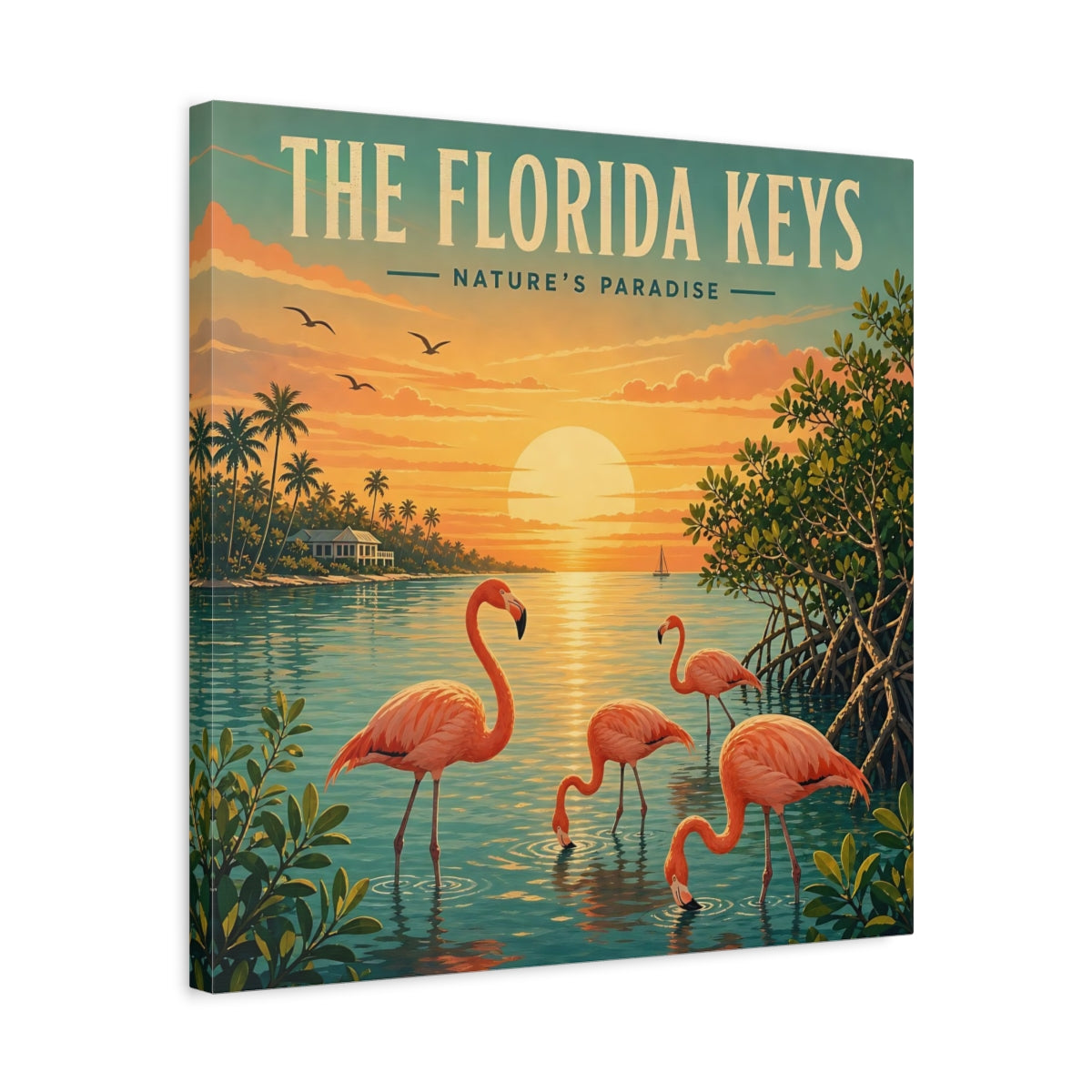 Side Mockup 5. Nature Flamingos Orange And Teal shown as stretched canvas wall art