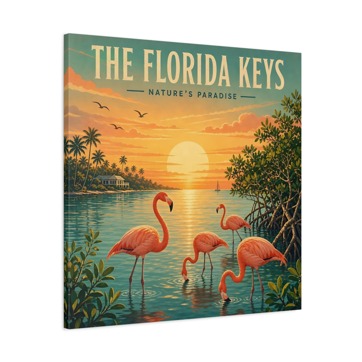 Side Mockup 3. Nature Flamingos Orange And Teal shown as stretched canvas wall art