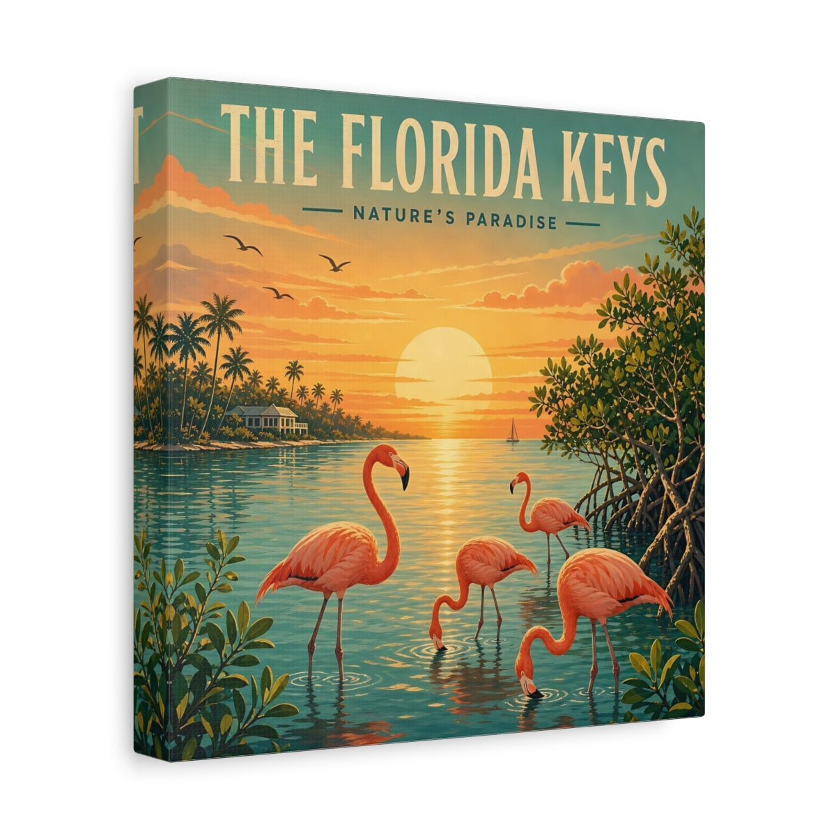 Side Mockup 9. Nature Flamingos Orange And Teal shown as stretched canvas wall art