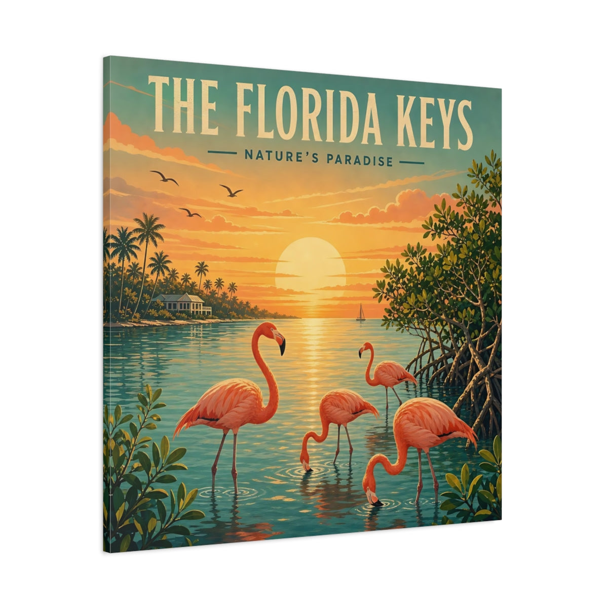 Side Mockup 1. Nature Flamingos Orange And Teal shown as stretched canvas wall art