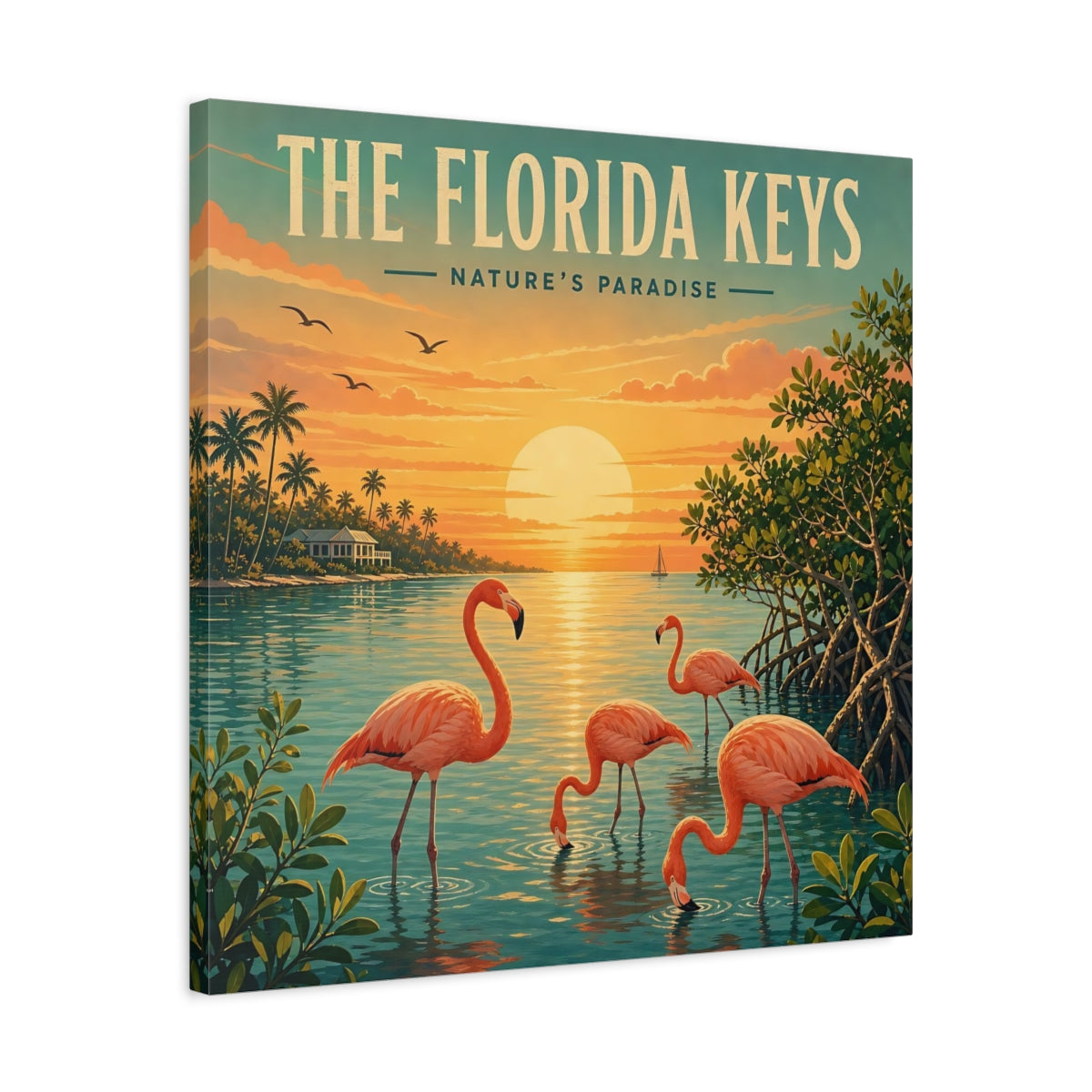 Side Mockup 4. Nature Flamingos Orange And Teal shown as stretched canvas wall art