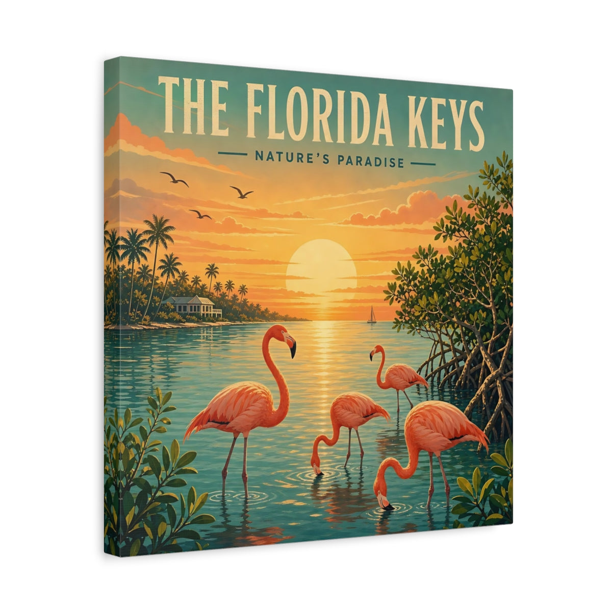 Side Mockup 6. Nature Flamingos Orange And Teal shown as stretched canvas wall art