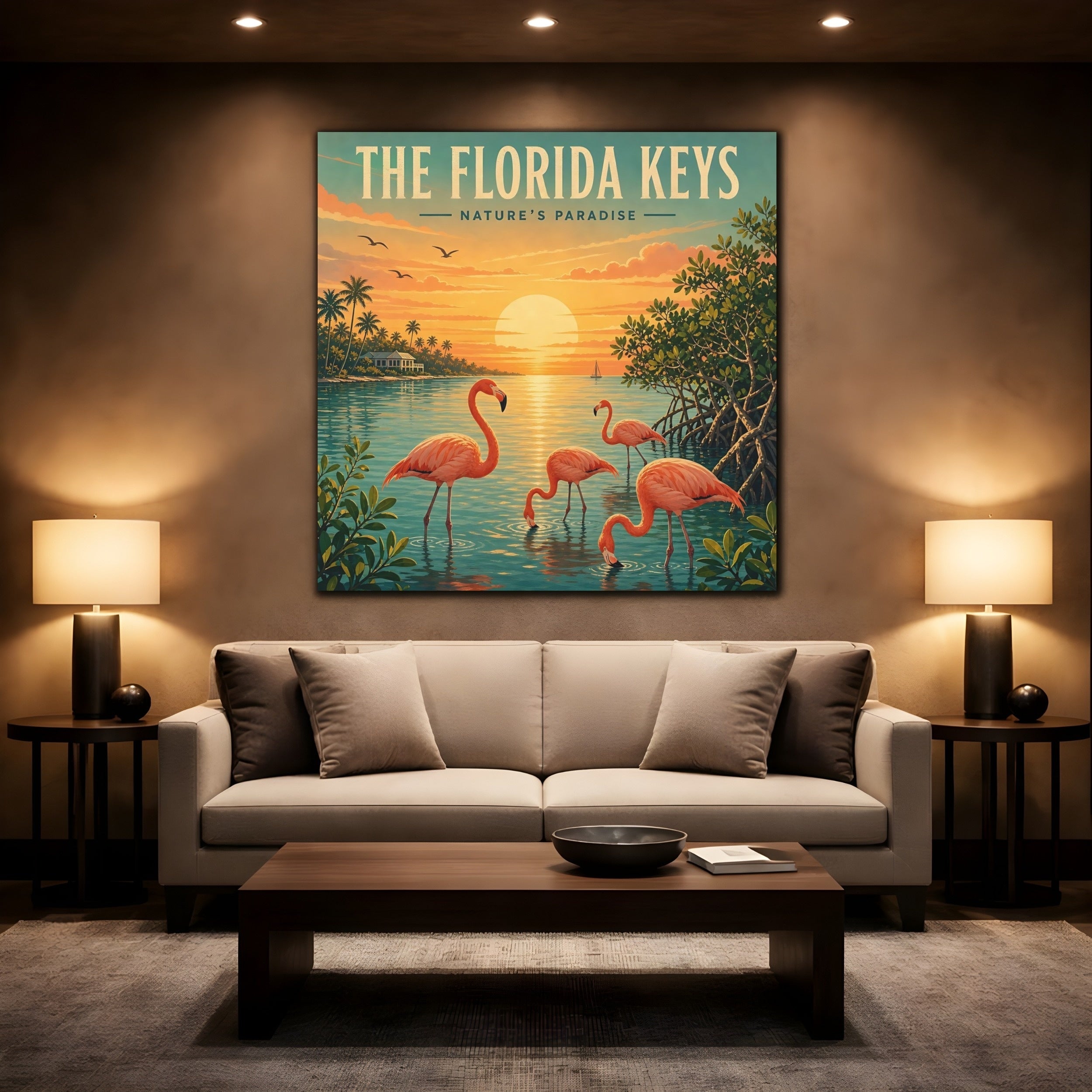 Mockup 2. Nature Flamingos Orange And Teal shown as stretched canvas wall art