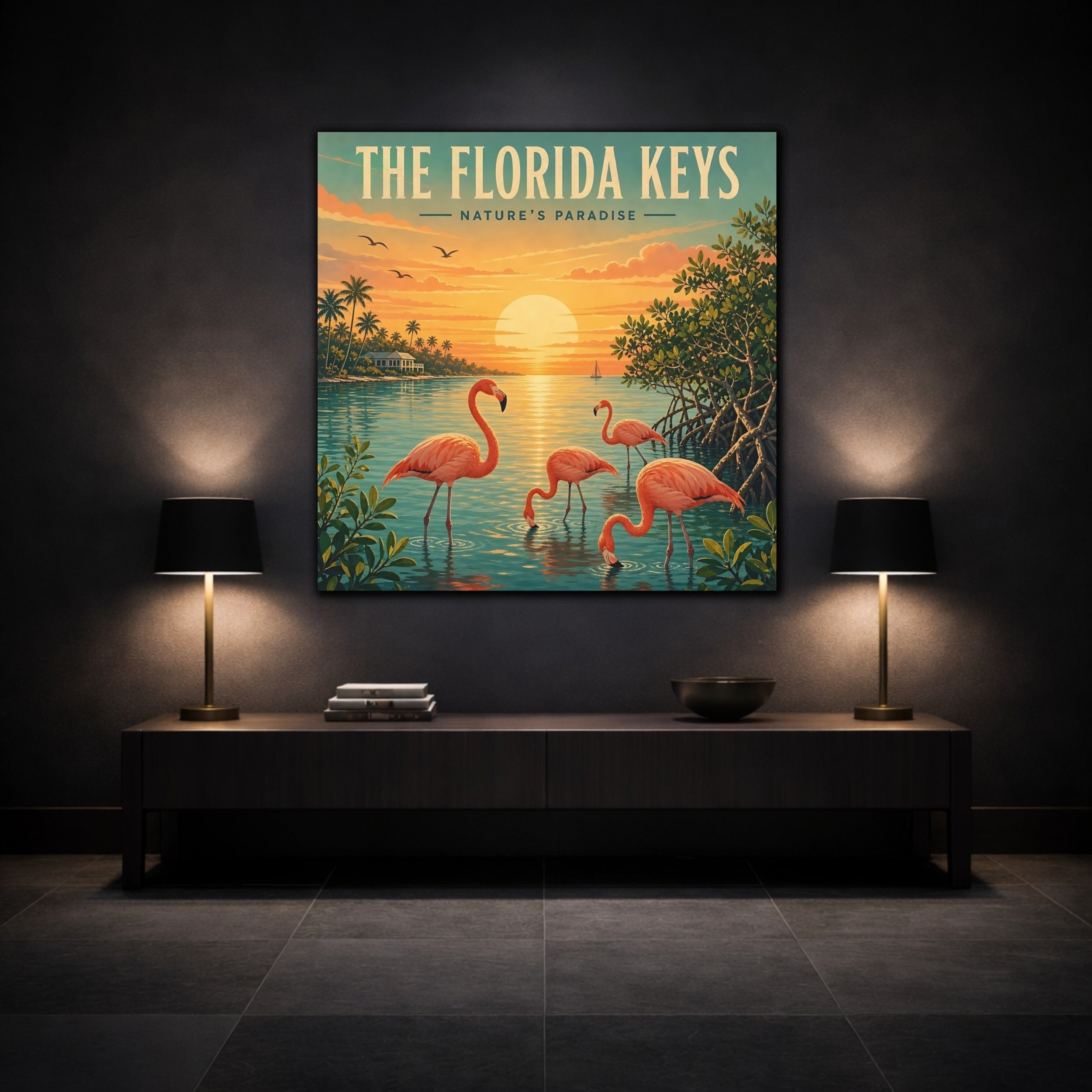 Mockup 3. Nature Flamingos Orange And Teal shown as stretched canvas wall art
