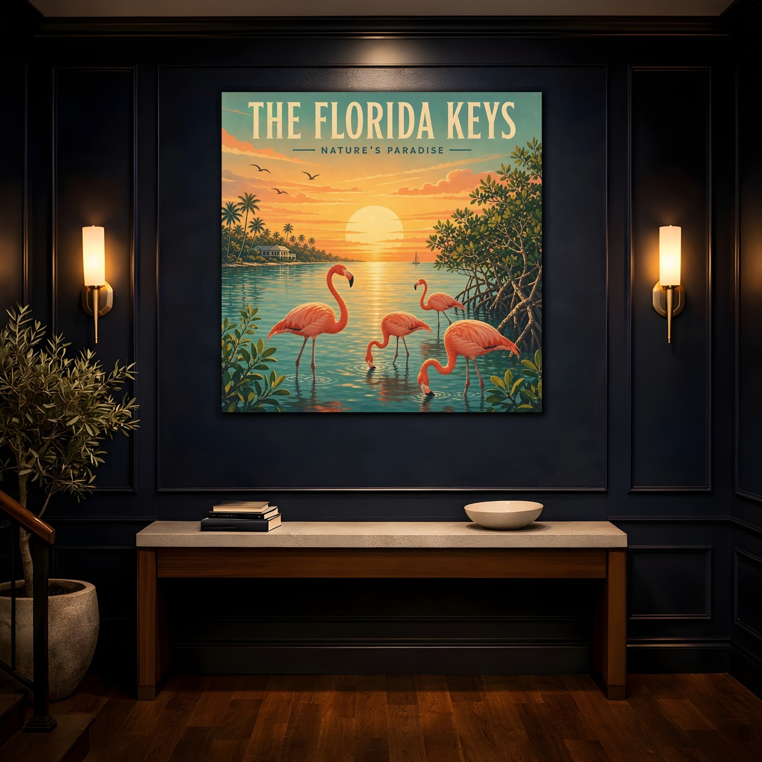 Mockup 4. Nature Flamingos Orange And Teal shown as stretched canvas wall art