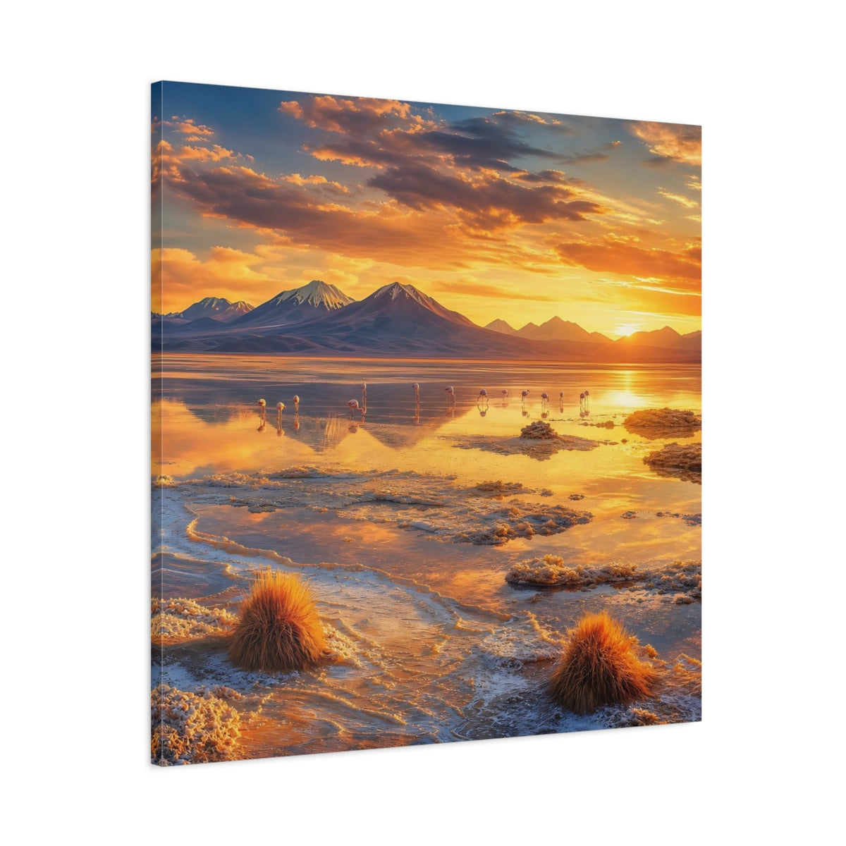 Main Mockup. Nature Flamingos Orange Gold Sunset shown as stretched canvas wall art