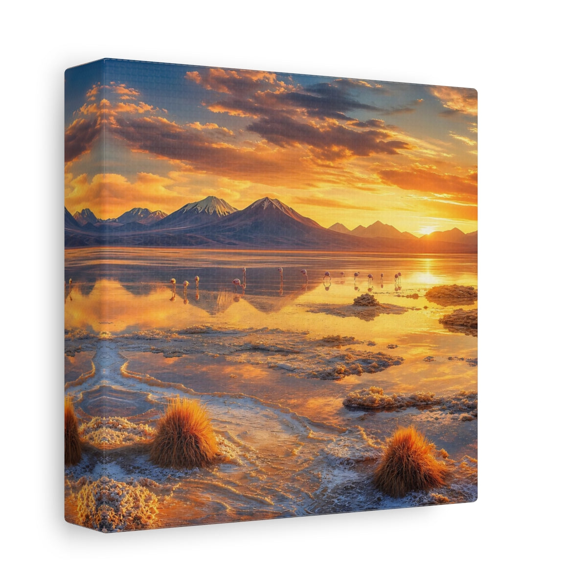 Side Mockup 2. Nature Flamingos Orange Gold Sunset shown as stretched canvas wall art